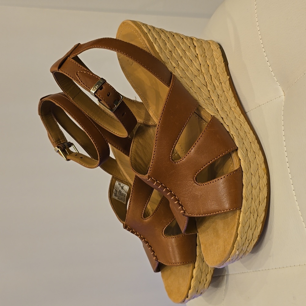 Careera UGG Brown leather espardrille wedge sandals ankle strap New 9.5 Shoes - Picture 7 of 9
